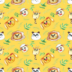 Pattern with cute animals and leaves on a mustard background. Sheep, giraffe, dog, lion cub and panda. Watercolor illustration for children.