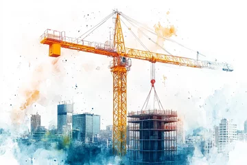 Wandcirkels Aquarelschilderij wolkenkrabber Construction Site Watercolor Painting Yellow Crane Lifting Materials Above Unfinished Building, City Skyline  © Trendy Three