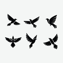 Discover this minimalist bird logo set featuring six unique, black, geometric bird designs in flight. Each logo showcases clean, abstract shapes with symmetrical composition .