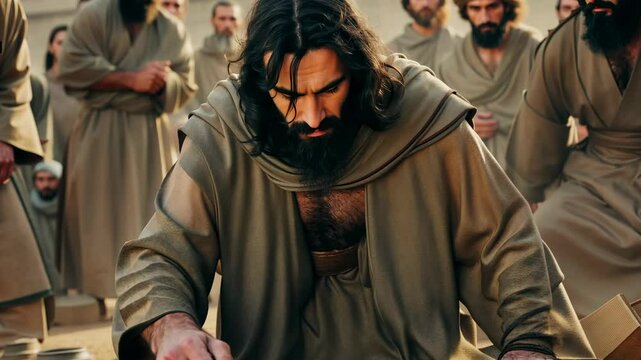 Jesus Christ writing in the sand revealing the sins of those present