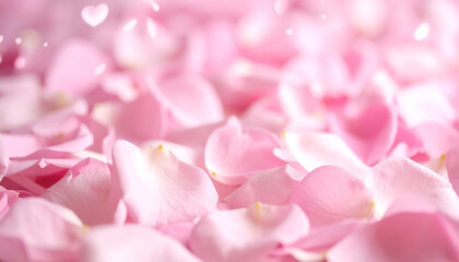 Obraz premium Soft-focus image of numerous pale pink rose petals strewn across a surface, with small, heart-shaped bokeh floating above