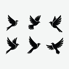 Discover this minimalist bird logo set featuring six unique, black, geometric bird designs in flight. Each logo showcases clean, abstract shapes with symmetrical composition .