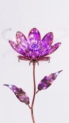 Fototapeta premium A shiny metallic flower with purple petals and leaves against a white background in a vertical shot