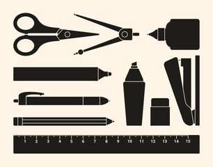 vector of various types of stationery. pencil, pen, marker, eraser, ruler, scissors, stapler, highlighter pen, pair of compasses, correction fluid