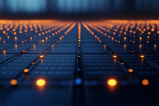 Data Grid Rows of Blue Panels with Orange Lights Stretching into the Distance
