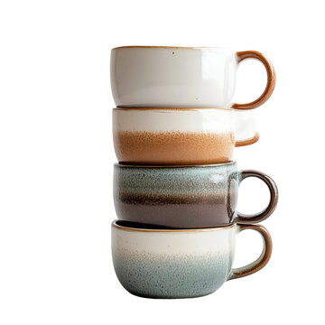 A stack of elegantly crafted ceramic coffee mugs, with gradient tones and inviting handles, showcasing minimalist style.