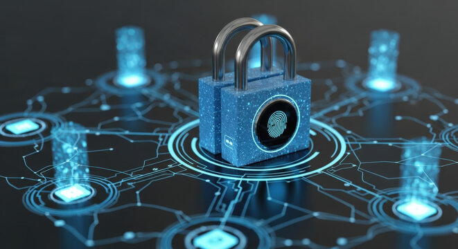 Advanced cyber security concept. Futuristic padlock with fingerprint scanner ensuring robust login verification and digital identity credentials on a glowing network. Data protection technology.