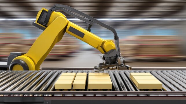 Bright yellow robotic arm actively working on a metallic conveyor belt system in a modern industrial environment, processing neatly arranged golden rectangular products with precision and efficiency, 