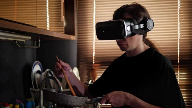 A mid-shot captures a quirky and futuristic mood as a person, wearing a VR headset, cooks at a gas stove in a kitchen, blending domesticity with advanced technology