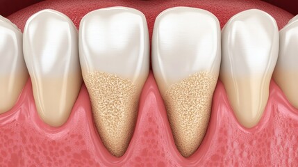 Obraz premium High-detail D rendering of dental structure affected by gingival recession, showing exposed roots and plaque buildup