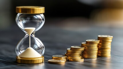 Hourglass angled on left with coins grouped right, board lines drawn for six spaced text zones