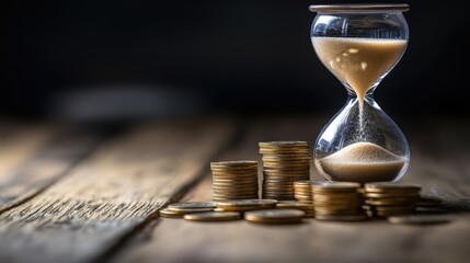 Hourglass dripping sand with rising coin stacks beside it, board space arranged with six copy areas