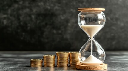 Hourglass tilting over board with gold coins nearby, six distinct areas around left blank