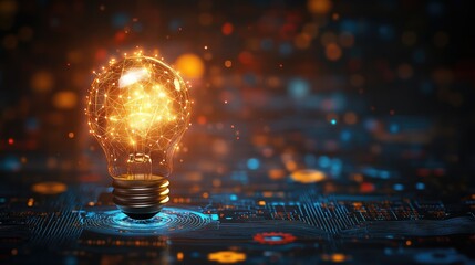 Illuminated smart bulb with embedded cogwheels and digital network patterns, isolated view