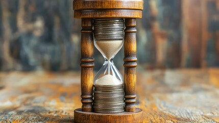 Hourglass with partial sand fall and coin stack aligned parallel, board cleanly cut into six parts