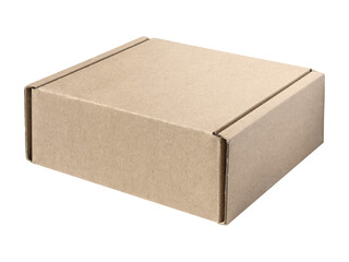 Closed brown cardboard flap box mockup on transparent background, showcasing its simple square design and smooth texture. Isolated