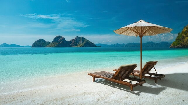 Enjoy the ultimate seaside relax with cozy lounge chairs and a soothing beach umbrella, perfect for sunny days by the shore,