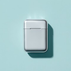 Closed silver earbud case centered on pastel cyan background. AI-generated.