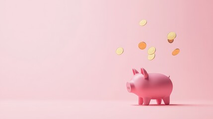 Minimalist workspace with piggy bank and falling coins, concept of daily saving routine