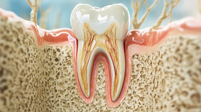 Medically accurate D render of tooth affected by gingival recession with visible root and enamel wear