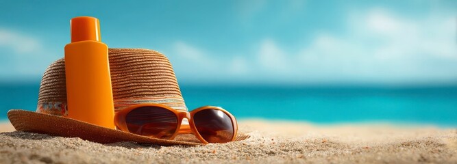 Essential items for a day at the beach, including sunglasses, sunscreen, and a hat, to stay safe from the sun