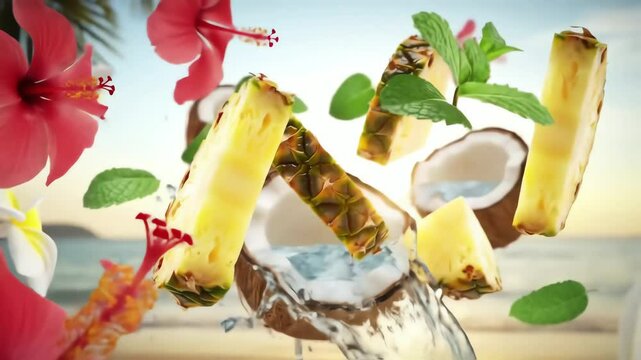 Slices of pineapple coconut halves mint and hibiscus flowers float above a blurred beach scene