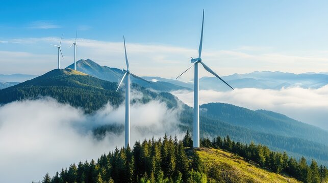 Renewable energy in nature mountain windmills floating above the clouds, forest covering the base
