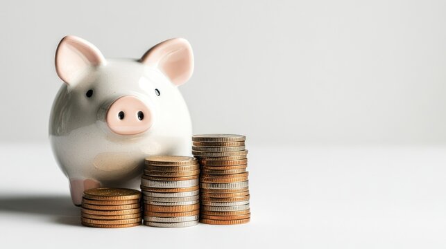 Simple white backdrop with ceramic pig and stacked coins toppling in, savings in progress
