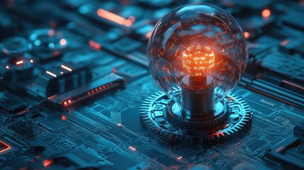 Transparent bulb shell revealing interconnected circuits and rotating gears