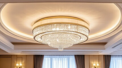 Under-chandelier view showing glittering crystal details against a minimalist recessed ceiling