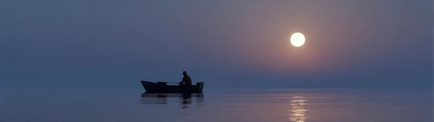 Fishermen at Dusk, a serene scene of silhouetted fishermen casting lines from their boat under a luminous moon, evoking tranquility and connection with nature,