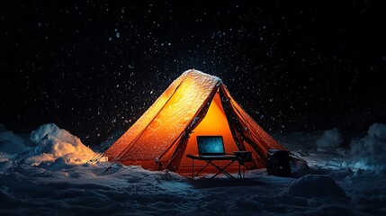 Snowfall night camp with illuminated tent and laptop