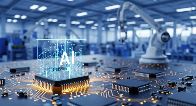 AI artificial intelligence technology concept. Machine learning, deep learning, industry 4.0 automation. Robotic arm in factory, CPU chip on circuit board. Future of manufacturing innovation.