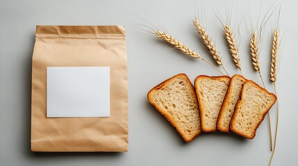 Brown paper bag mockup with bread and wheat