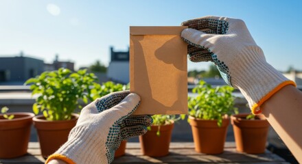 Seed packet mockup held over potted plants in garden gloves