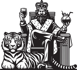 Majestic King enthroned with a Bengal tiger a powerful black and white illustration perfect for graphic design projects and regal themes.