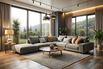 Fototapeta premium Modern Living Room with Panoramic Mountain Views - Cozy and Stylish Interior Design