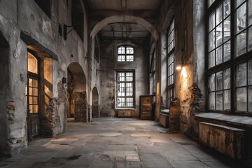 Obraz premium Abandoned industrial space with large windows and worn walls