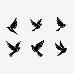 Discover this minimalist bird logo set featuring six unique, black, geometric bird designs in flight. Each logo showcases clean, abstract shapes with symmetrical composition .