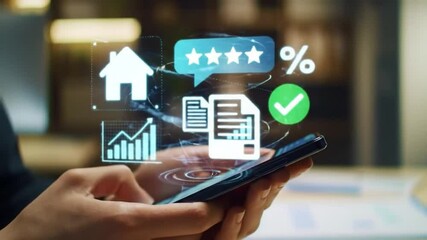 Hands Using Smartphone with Holographic Smart Home and Real Estate Icons, Digital Property Management Concept - Powered by Adobe