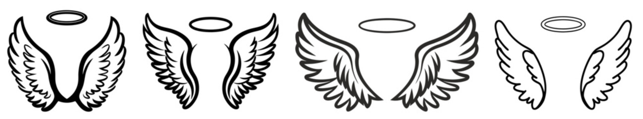 Set of black and white svg vector angel wings, valentine's day icon