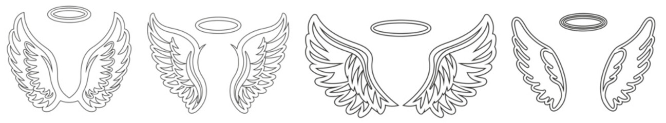 Obraz premium Set of black and white svg vector angel wings, valentine's day icon