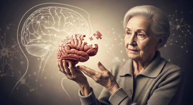 Alzheimer's disease concept. Elderly woman holding brain symbol, a jigsaw puzzle with missing piece. World Alzheimer's Day. Memory loss, dementia, cognitive decline, senior mental health awareness.