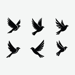Discover this minimalist bird logo set featuring six unique, black, geometric bird designs in flight. Each logo showcases clean, abstract shapes with symmetrical composition .