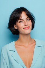 Trendy European woman with bob haircut,, cheeky smile