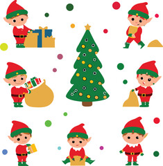 Cute Christmas Elves with Gifts and Christmas Tree on White Background