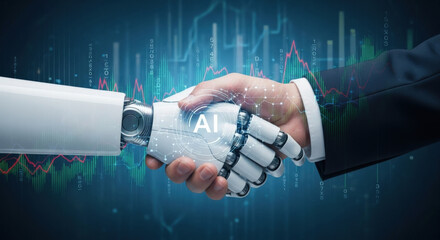 AI revolution: Human-robot handshake driving business transformation. Machine learning, data analytics, digital assistant, future tech, financial graph, innovation, partnership success concept.