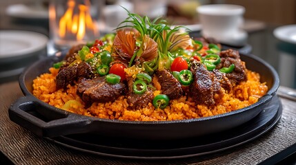 A sizzling plate of Jollof rice, with vibrant colors and rich spices, showcasing the heart and soul of West African cuisine in an elegant culinary composition.