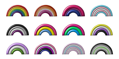 Set of colorful 3d LGBTQ+ pride flag rainbows Gender equality and sexual identity pride flags collection LGBTQIA community pride month