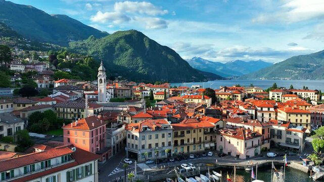 Aerial view of Menaggio village on lake Como in Lombardy, Italy, luxurious holiday destination in Italy, Italian alpine lakes, resort on Como lake